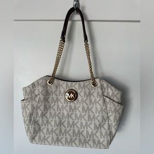 Michael Kors Cream and Gray MK Logo Chain-Handle Tote